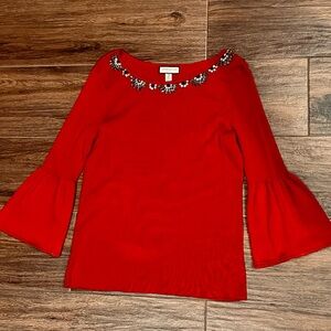 NWOT PM red bell sleeve knit top Charter Club jeweled neck